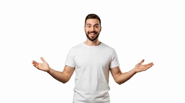 A surprised young man with a beard gesturing with his open hands in studio