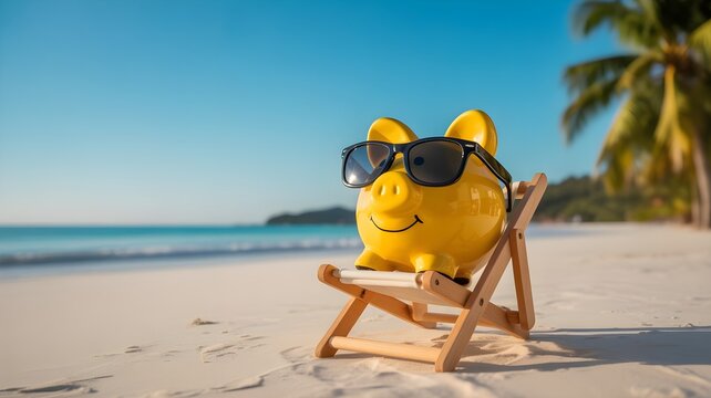 A yellow piggy bank wearing sunglasses relaxing on a deck chair during a sunny summer bank holiday