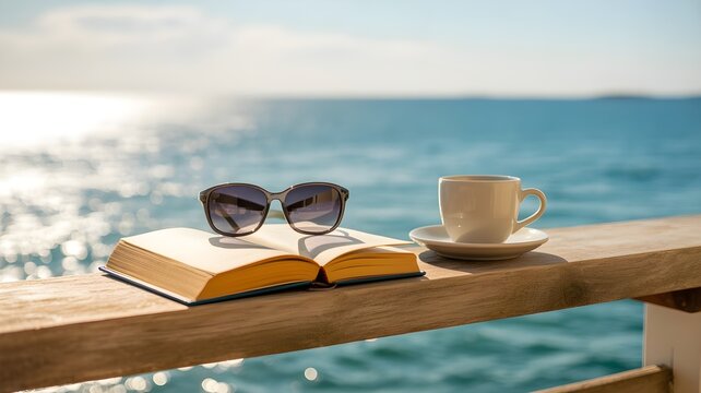 Relaxing leisure time with a book and coffee by the sea during a summer bank holiday weekend