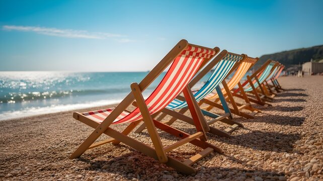 Colorful deckchairs lined up on a sunny beach during the relaxing summer bank holiday weekend in england
