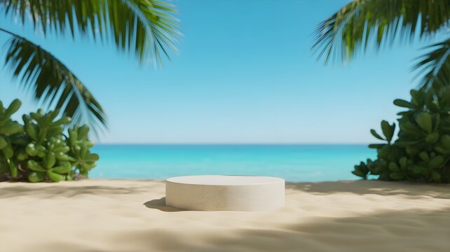 Empty product display podium on a tropical beach perfect for a relaxing summer bank holiday marketing campaign