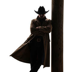 Fototapeta premium Cowboy Standing with Arms Crossed Leaning on Wooden Post Wearing Long Coat Detailed Illustration Isolated on White Background for Western Design