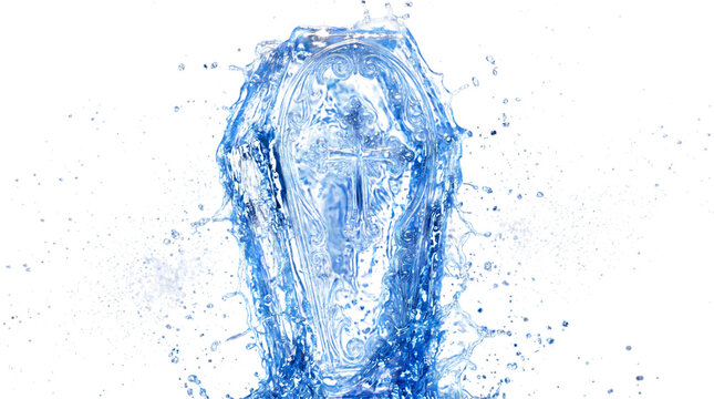 Ornate coffin with cross symbol made of water isolated on transparent background