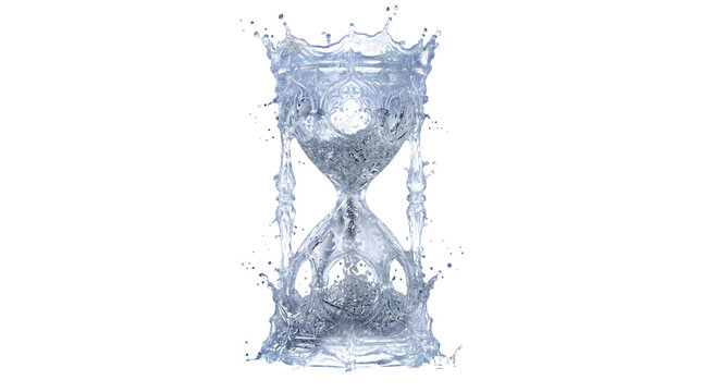 Ornate hourglass made of splashing water isolated on transparent background