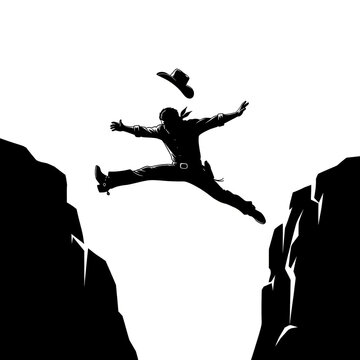 Cowboy Jumping in Mid Air with Hat Flying Off Dynamic Action Silhouette Black Vector Illustration Isolated on White Background for Western Design