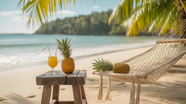 Relaxing tropical beach scene with hammock and cocktails perfect for a sunny summer bank holiday vacation getaway
