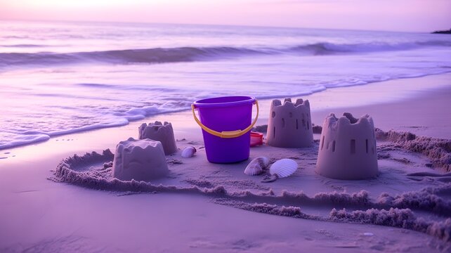 Sandcastles and a purple bucket on a sandy beach during a relaxing summer bank holiday weekend getaway
