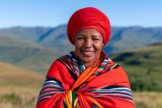 Basotho woman smiling wearing traditional clothing in Lesotho mountains