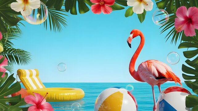 Tropical summer bank holiday background featuring a pink flamingo with beach accessories and exotic flowers frame