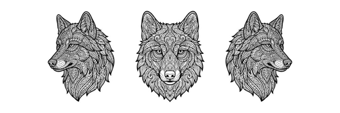 Intricate wolf head mandala vector set, ornate tribal wolf portraits in black and white, geometric animal line art for coloring and tattoo design