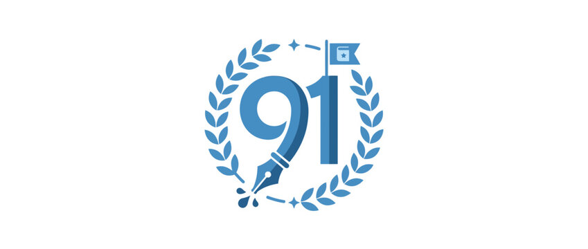 Blue Number 91 Emblem with Pen Nib and Laurel Wreath