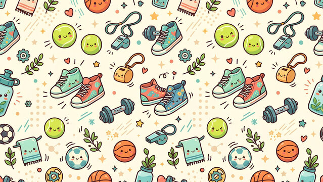 Seamless pattern with cute hand drawn sports equipment and fitness accessories.