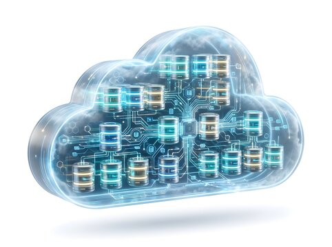 Abstract digital cloud computing network with glowing servers and circuits on white background