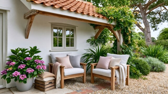 Cozy outdoor cottage patio with wooden furniture