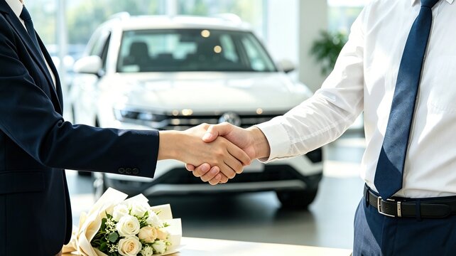 Car sales consultant shaking hands with new car buyer in auto dealership showroom. Suitable for 4S store sales promotion posters, auto loan business brochures, vehicle delivery celebration articles.