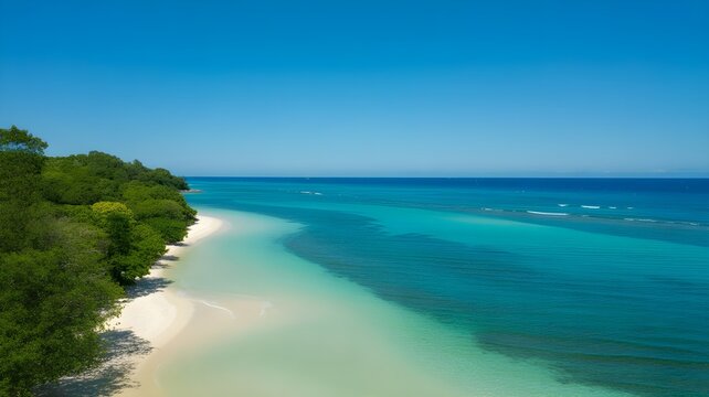 Aerial view of a beautiful tropical beach perfect for a relaxing summer bank holiday getaway trip