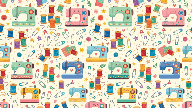Seamless pattern with colorful sewing machines and accessories.
