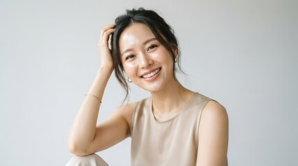 Naklejka premium Portrait of a beautiful young asian woman smiling at the camera