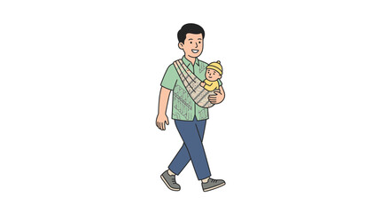 Father carrying baby in sling, walking happily