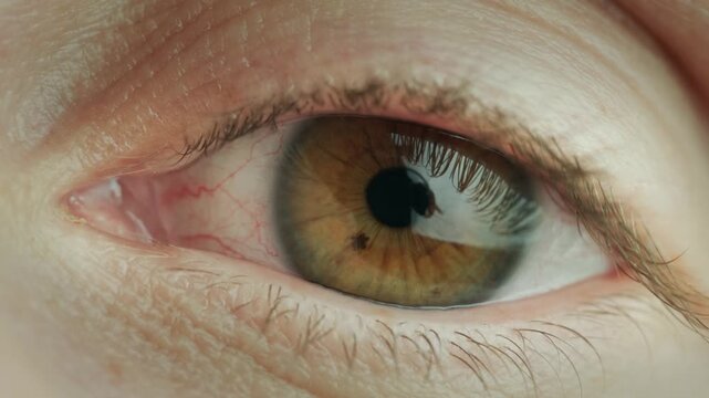 Macro closeup of human eye showing iris texture and pupil dilation.