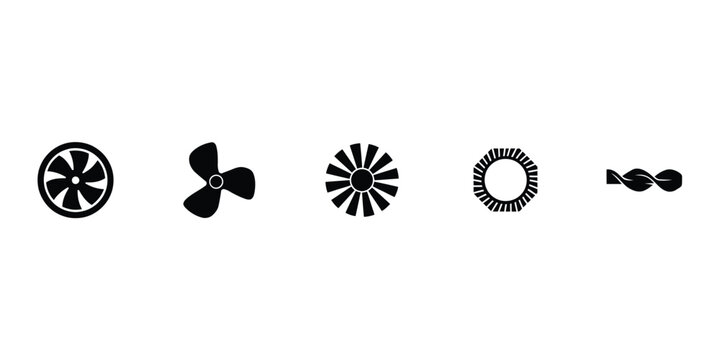 Five mechanical fan and propeller blade in black silhouette style for engineering and aerodynamic concept and technical diagrams