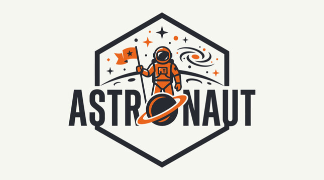 Astronaut in space holding flag with planet and stars.