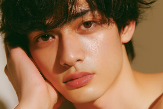 男性, メンズ美容, ビューティー, 若い男性, 男性モデル, スキンケア, メンズコスメ, 美肌, アジア人, ポートレート, クローズアップ, 顔, 素肌, 透明感, ツヤ肌, 清潔感, メンズメイク, ナチュラルメイク, ジェンダーレス, 中性的, Kビューティー, 韓国風, 美容広告, コスメ広告, 化粧品, フェイスケア, リップケア, 保湿, ヘアケア, ヘアスタイル, 黒髪, ウェー