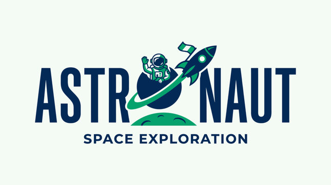 Astronaut Space Exploration Logo Design with Rocket and Planet.