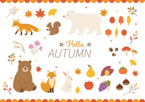 秋のイラスト ベクター シンプル フラットデザイン 森の動物と紅葉・秋の味覚・自然素材セット