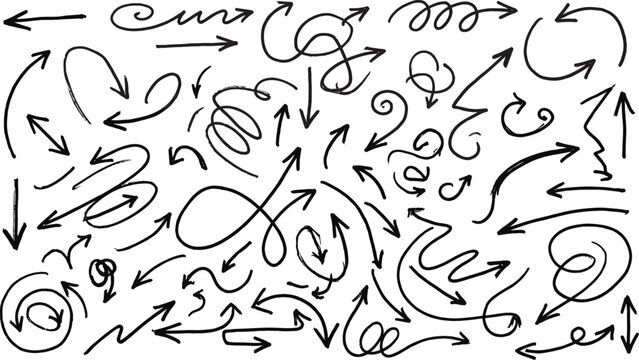 Hand Drawn Curved Arrow Collection with Swirls Loops and Directional Sketch Elements for Navigation Design and Infographics