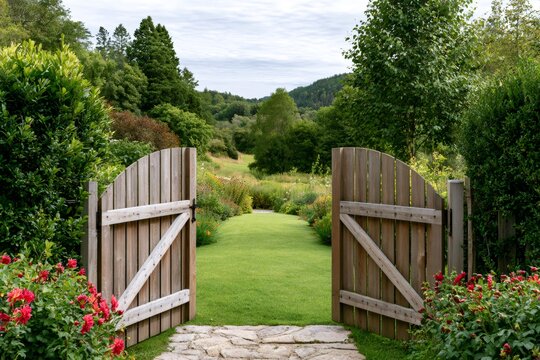 Open wooden gate revealing garden and path to nature
