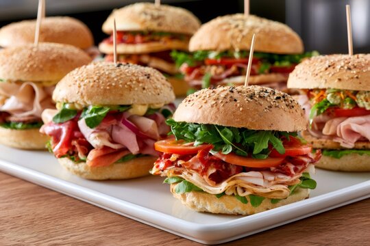 Gourmet mini sandwiches on white platter ready for catering