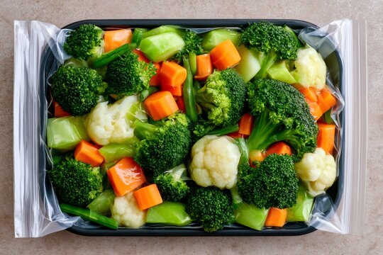 Mixed frozen vegetables in vacuum sealed bag for meal prep