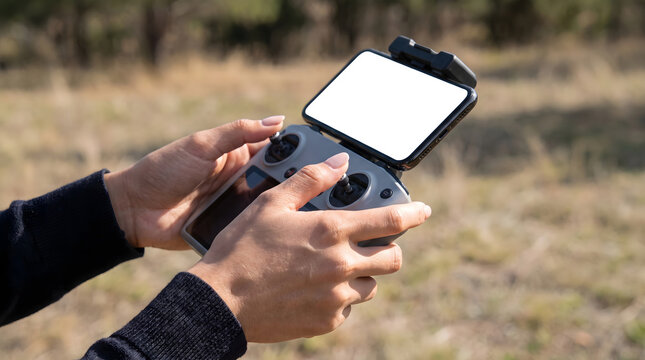 Operator holding a drone remote controller with a smartphone mockup in a natural outdoor landscape.
