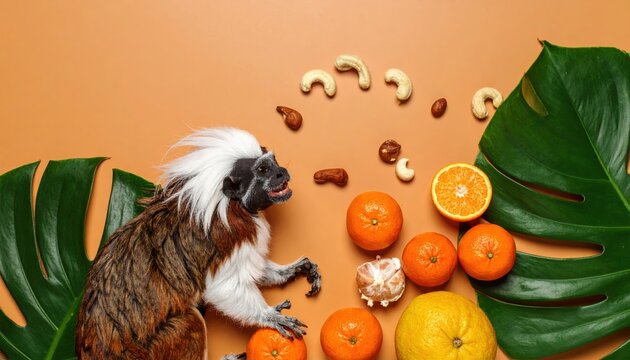 Cotton-top tamarin with citrus fruits and nuts on a tropical background