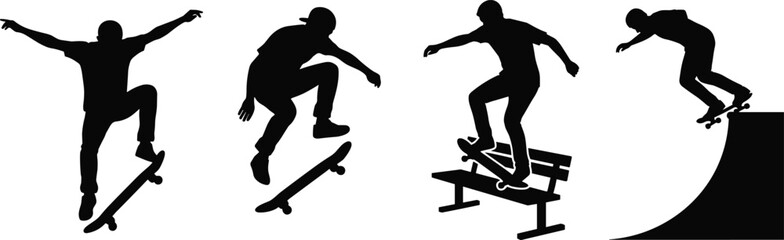 Skateboarder action vector set featuring ollie trick bench grind and quarterpipe ramp silhouettes © MdAsikul