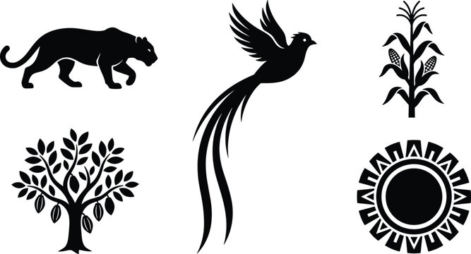 Mayan nature and culture icon set with jaguar quetzal bird corn cacao tree and tribal sun vector