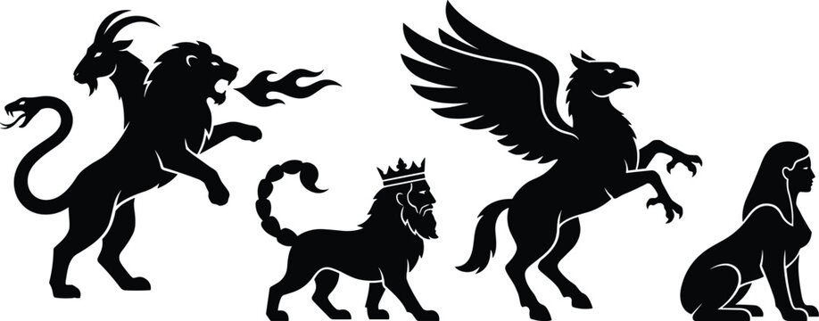 Mythological creatures icon set with chimera manticore griffin and sphinx vector silhouette