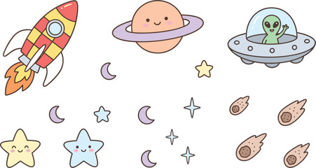 Kawaii Outer Space Elements Icon Set with Cute Rocket Ship Smiling Planet Saturn Alien UFO Spaceship Meteorites and Stars for Kids Designs © MD