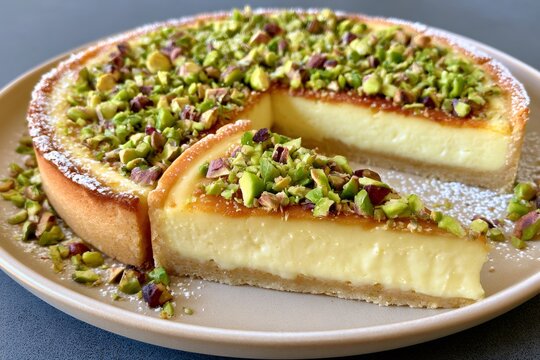 Pistachio custard tart slice with shortcrust pastry