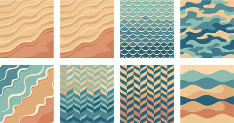 Abstract Seamless Pattern Collection with Waves, Fish Scales, Camouflage, Chevron, Geometric Textures, and Modern Editable Vector Background Set © MstSuborna