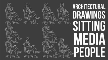 Fototapeta premium Seated Business People and Media Professionals Collection in Office Chairs with Minimal Line Art Vector Illustration Set