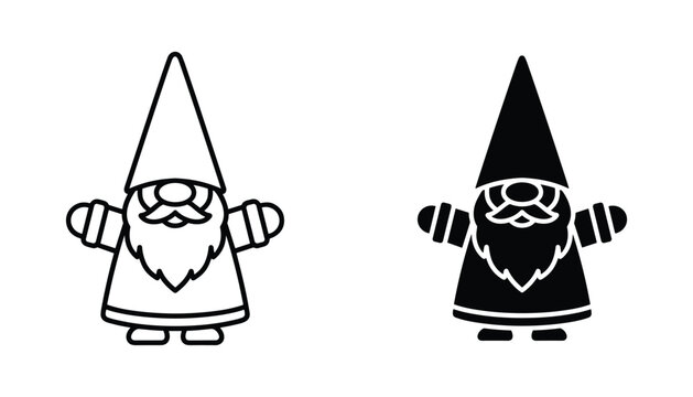 Minimalist garden gnome icon set featuring both outline and solid silhouette vector illustrations of a cute pointed hat character perfect for fantasy fairy tale or landscaping design projects