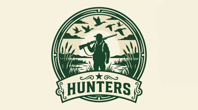 Hunter with shotgun and flock of birds flying.