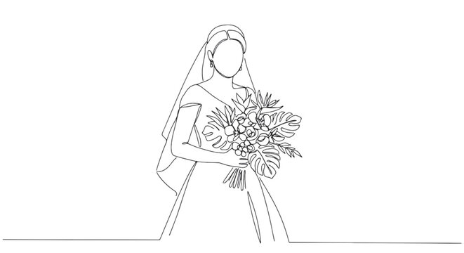 A simple line drawing of a bride holding a bouquet, adorned with a veil. The illustration is minimalist, focusing on the essential elements of a wedding day