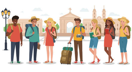 Fototapeta premium A group of diverse travelers standing in front of a beautiful European-style cityscape, ready for adventure. They are all dressed in casual summer attire, carrying backpacks and luggage.