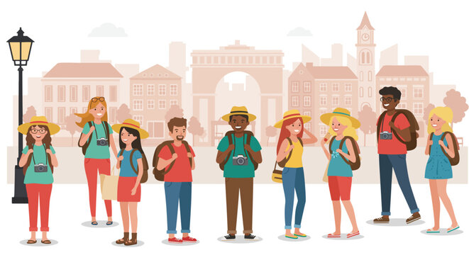 A group of diverse tourists with backpacks and cameras exploring a European city street with iconic architecture in the background