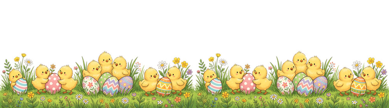 Cute yellow chicks and colorful Easter eggs in a spring meadow. festive holiday border illustratio
