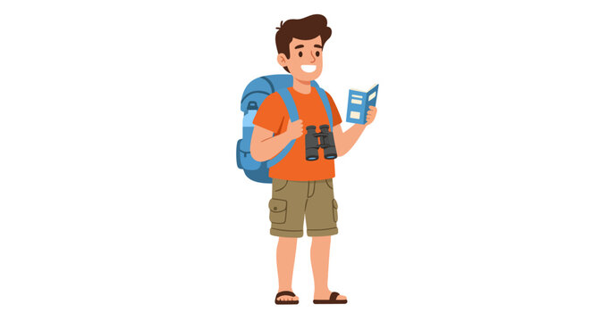A cheerful young man dressed for adventure, holding a brochure and binoculars, with a large backpack ready for travel.