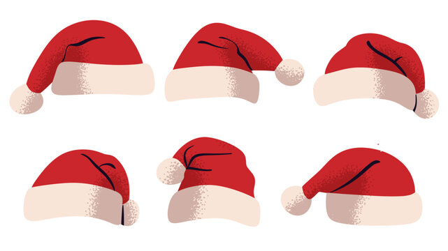 Santa Claus hat Christmas vector illustration set featuring various red hats with fluffy pom-pom and grainy stipple texture overlay. for Christmas card, photo booth props, sticker sheet, winter decor